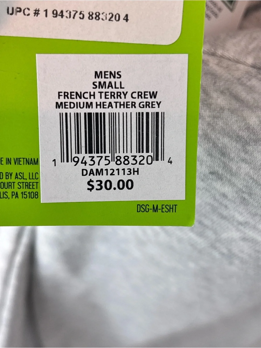 DSG Men’s French Terry Crewneck Sweatshirt – Heather Gray – Size Small
